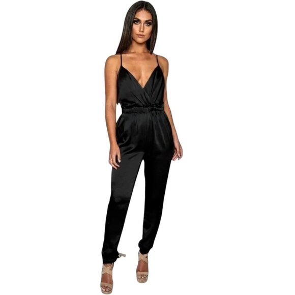 NWT Babyboo Fashions Scarlett Satin Jumpsuit Open Back Black XS - Picture 1 of 14